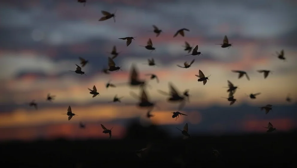 Rollistan i tordyveln flyger i skymningen